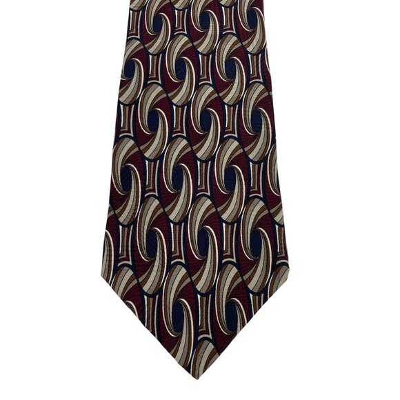 Henry Grethel 100% Silk Mens Tie Necktie Burgundy Black Tan Abstract Print - Picture 1 of 4
